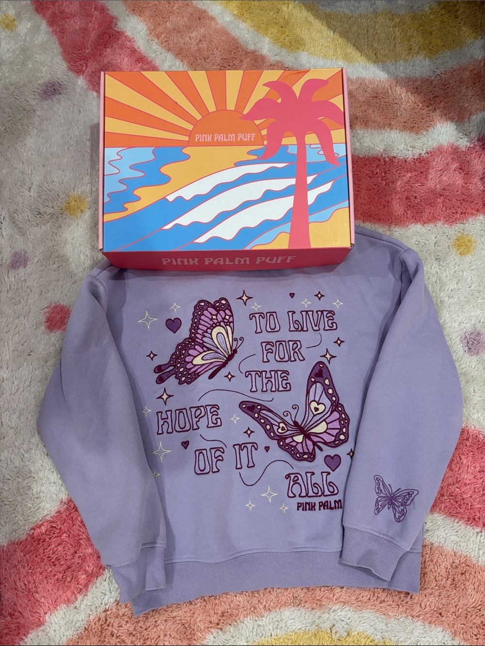 Pink Palm Puff Kids Purple Butterfly Graphic Sweatshirt